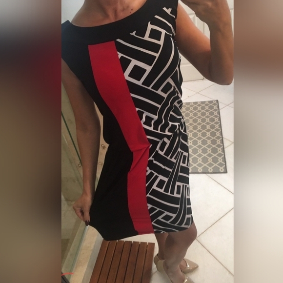 White House Black Market WHBM Black Red Graphic Midi Dress - Picture 2 of 12